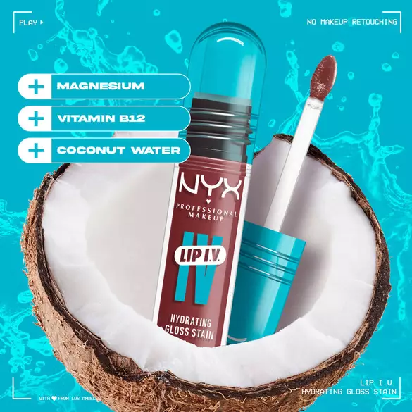 NYX Lip I.V. Hydrating Gloss Stain in a coconut, featuring ingredients like magnesium, vitamin B12, and coconut water.