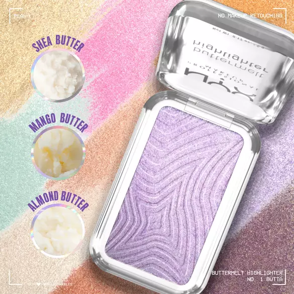 A shimmering highlighter compact with a wavy purple shade, featuring ingredients: shea, mango, and almond butter.