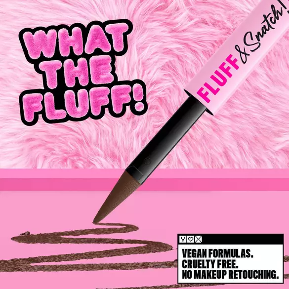 NYX Professional Makeup Fluff & Snatch brow pencil shown with a brown line drawn on a pink background, fluffy pink texture, and text highlighting vegan, cruelty-free, and no makeup retouching.