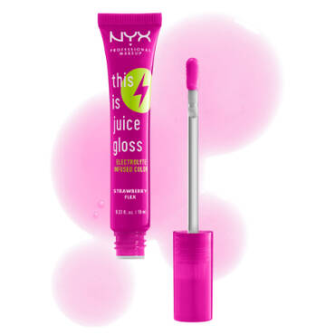 A vibrant pink tube of NYX Juice Gloss in \'Strawberry Flex,\' with an applicator and a splash of gloss in the background.