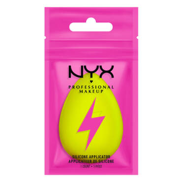 Bright pink packaging of NYX Professional Makeup silicone applicator with a lightning bolt design, emphasizing its functionality.