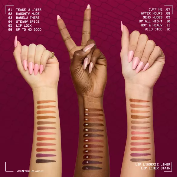 Three forearms of individuals with different skin tones—light, medium, and dark—displaying horizontal swatches of 12 different shades of 'Lip Lingerie Liner Lip Liner Stain'. Each swatch is numbered, corresponding to a list of shade names ranging from '01 Tease U Later' to '12 Wild Side’.