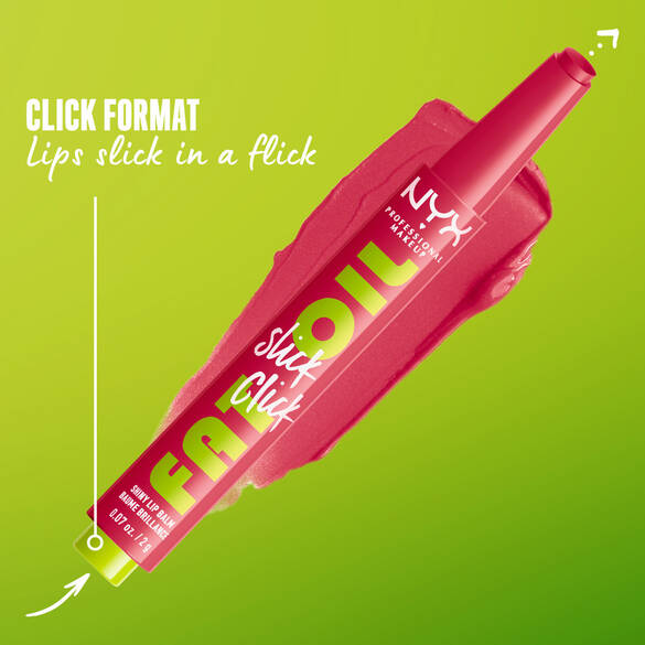 NYX Fat Oil lip product in a click format, featuring a vibrant, glossy red packaging against a green background.