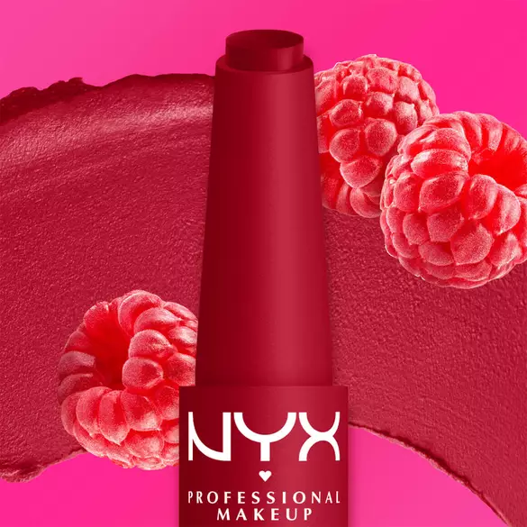A vibrant raspberry shade is shown with fresh raspberries and a lipstick smear on a pink background, highlighting the color and fruity inspiration. 