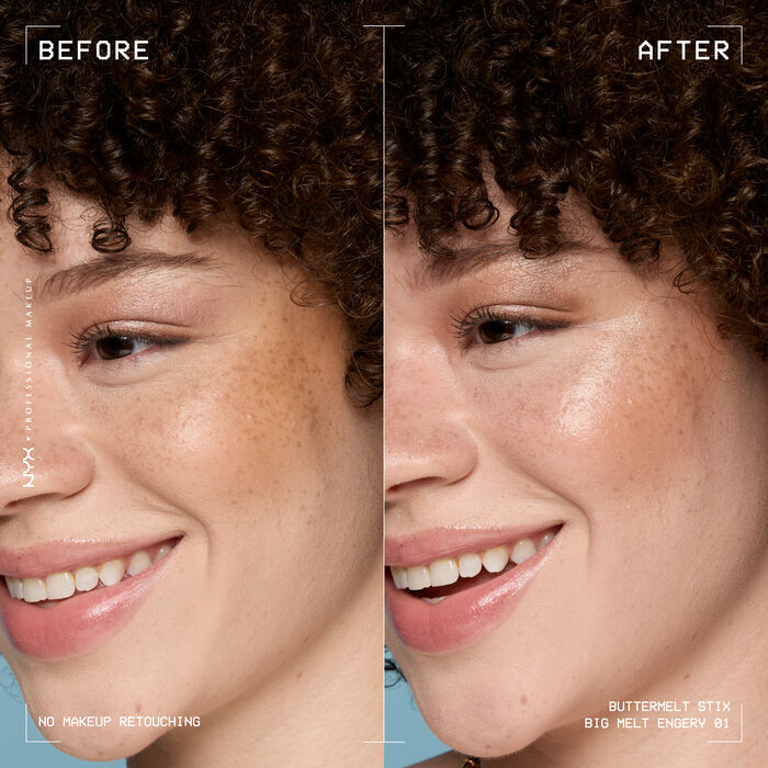 A side view of a model's face showing before and after results of using Buttermelt Stix in shade 01 Big Melt Energy