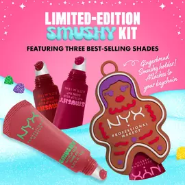 Limited-edition NYX Professional Makeup Holiday Smushy Kit image with three balm tubes, surrounded by candy icons and snow.