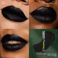 Close-up grid of lips wearing NYX Professional Makeup Party Animals Fat Matte Smooth Color Lipstick in Fatal Pout, a deep black matte shade.