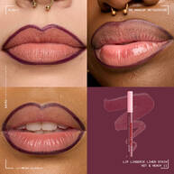 Quadrant showing Lip Lingerie Lip Liner Stain on three models of fair, deep, medium skin tones and the product solider with swatch behind the hex code color in shade 11 Hot & Heavy