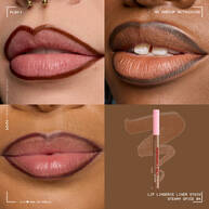 Quadrant showing Lip Lingerie Lip Liner Stain on three models of fair, deep, medium skin tones and the product solider with swatch behind the hex code color in shade 04 Steamy Spice