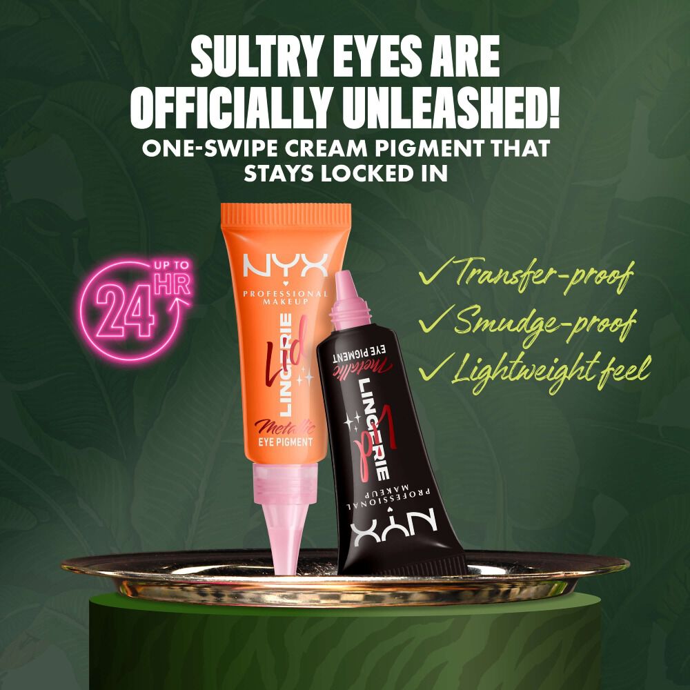 NYX Professional Makeup Party Animals Lid Lingerie Cream Eye Pigments displayed on a tray, highlighting transfer-proof, smudge-proof and lightweight wear.