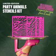 NYX Professional Makeup Party Animals Stencils Kit displayed open on a tray held by a model wearing a pink glove.