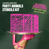 NYX Professional Makeup Party Animals Stencils Kit displayed open on a tray held by a model wearing a pink glove.