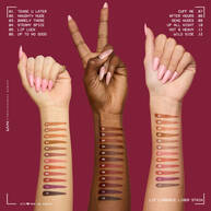 All twelve Lip Lingerie Lip Liner Stain colors swatched on three different skin tones with the arms raised high