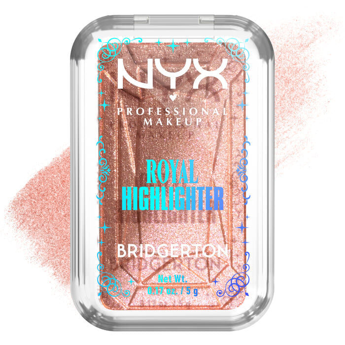 NYX Professional Makeup Bridgerton Royal Highlighter compact: ornate gold square with branding, open to reveal golden highlighter. Subtle swatch in shade 01 Iridescent Peach
