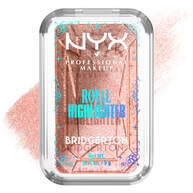 NYX Professional Makeup Bridgerton Royal Highlighter compact: ornate gold square with branding, open to reveal golden highlighter. Subtle swatch in shade 01 Iridescent Peach