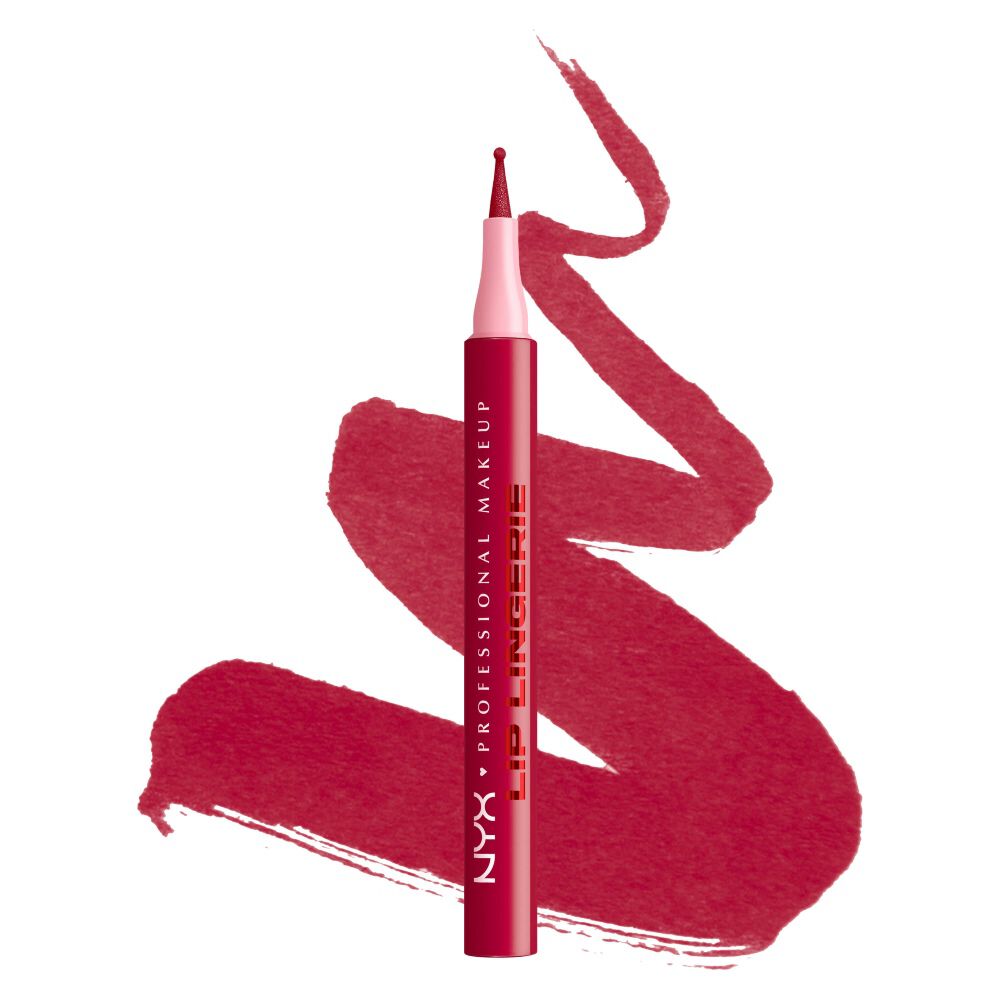 NYX Professional Makeup Lip Lingerie Lip Liner Stain in shade 14 Flirt Alert, upright pen with pink applicator cap over deep berry-red lip liner swatches on a white background.