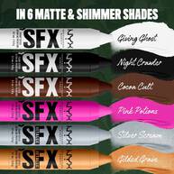 NYX Professional Makeup Party Animals SFX Face & Body Paint Sticks in six shades: white, black, brown, pink, metallic silver and metallic gold.