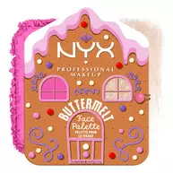 Shows a single "Buttermelt Face Palette" (a gingerbread house-shaped compact) next to a small swatch of its contents in shade 01 Light/Medium