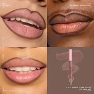 Quadrant showing Lip Lingerie Lip Liner Stain on three models of fair, deep, medium skin tones and the product solider with swatch behind the hex code color in shade 05 Lip Lock