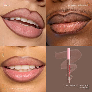 Quadrant showing Lip Lingerie Lip Liner Stain on three models of fair, deep, medium skin tones and the product solider with swatch behind the hex code color in shade 05 Lip Lock