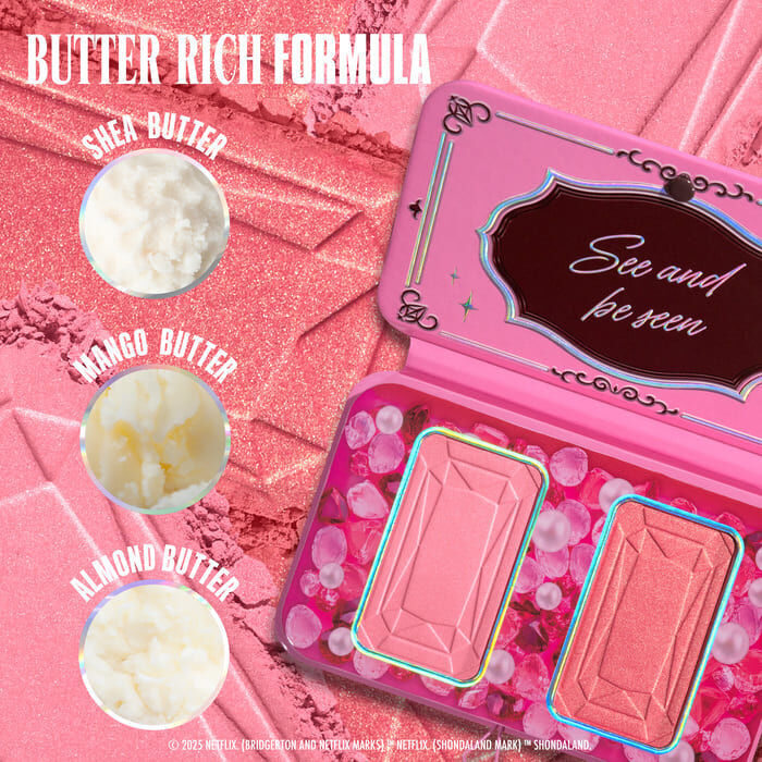 The opened 'NYX Professional Makeup Bridgerton Blush Duo', with three circles indicating key ingredients: Shea Butter, Mango Butter, and Almond Butter, emphasizing a 'Rich Formula' in shade 01 Wallflower