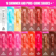 NYX Jelly Job gloss tubes in 16 shimmer and shine shades, arranged in 2 rows. Shades include clear, blue, champagne, rose, and deeper berry tones. Each is labeled with a shade name and number. Title reads: "16 shimmer and pure-shine shades."