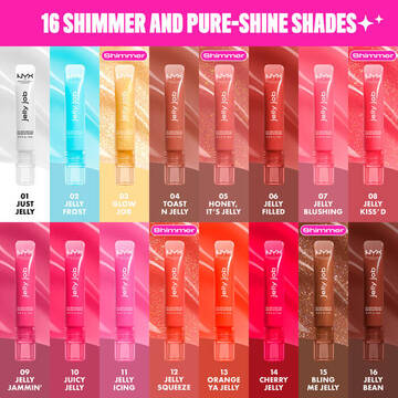 NYX Jelly Job gloss tubes in 16 shimmer and shine shades, arranged in 2 rows. Shades include clear, blue, champagne, rose, and deeper berry tones. Each is labeled with a shade name and number. Title reads: "16 shimmer and pure-shine shades."