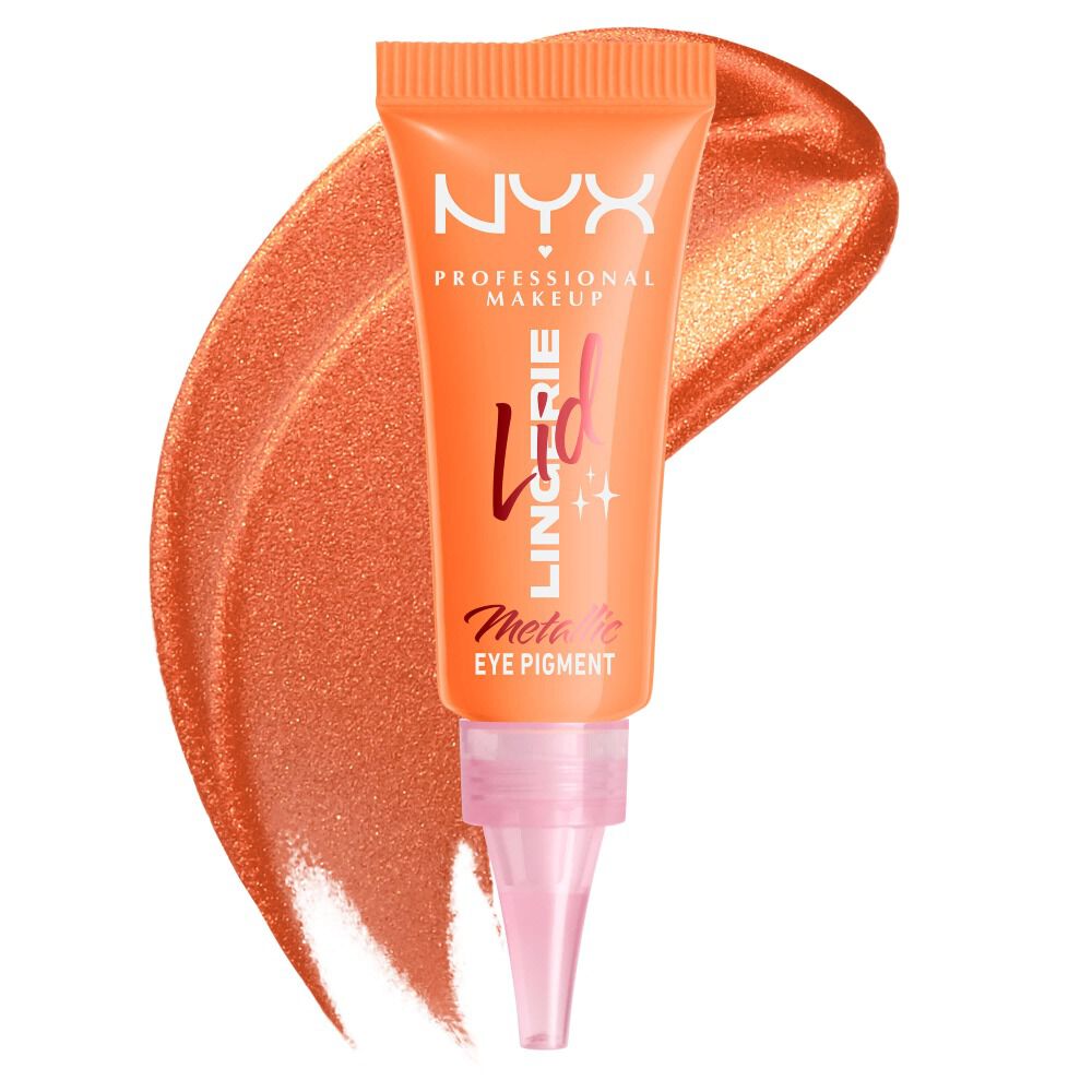NYX Professional Makeup Party Animals Lid Lingerie Cream Eye Pigment in Pumpkin Vice, shown with a metallic orange swatch.