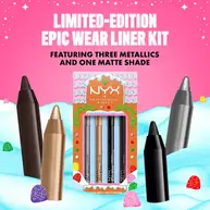 Features the NYX Professional Makeup Holiday Epic Wear Liner Stick Kit packaging. Text indicates it "FEATURING THREE METALLICS AND ONE MATTE SHADE." The four liner pencils (black, silver, gold, and brown) are displayed around the kit.
