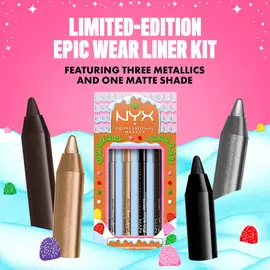 Features the NYX Professional Makeup Holiday Epic Wear Liner Stick Kit packaging. Text indicates it "FEATURING THREE METALLICS AND ONE MATTE SHADE." The four liner pencils (black, silver, gold, and brown) are displayed around the kit.