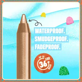 Features a close-up of a golden eyeliner pencil tip against a light blue, festive background. Text highlights its benefits: "WATERPROOF, SMUDGEPROOF, FADEPROOF," and emphasizes "36H WEAR" with a timer icon.