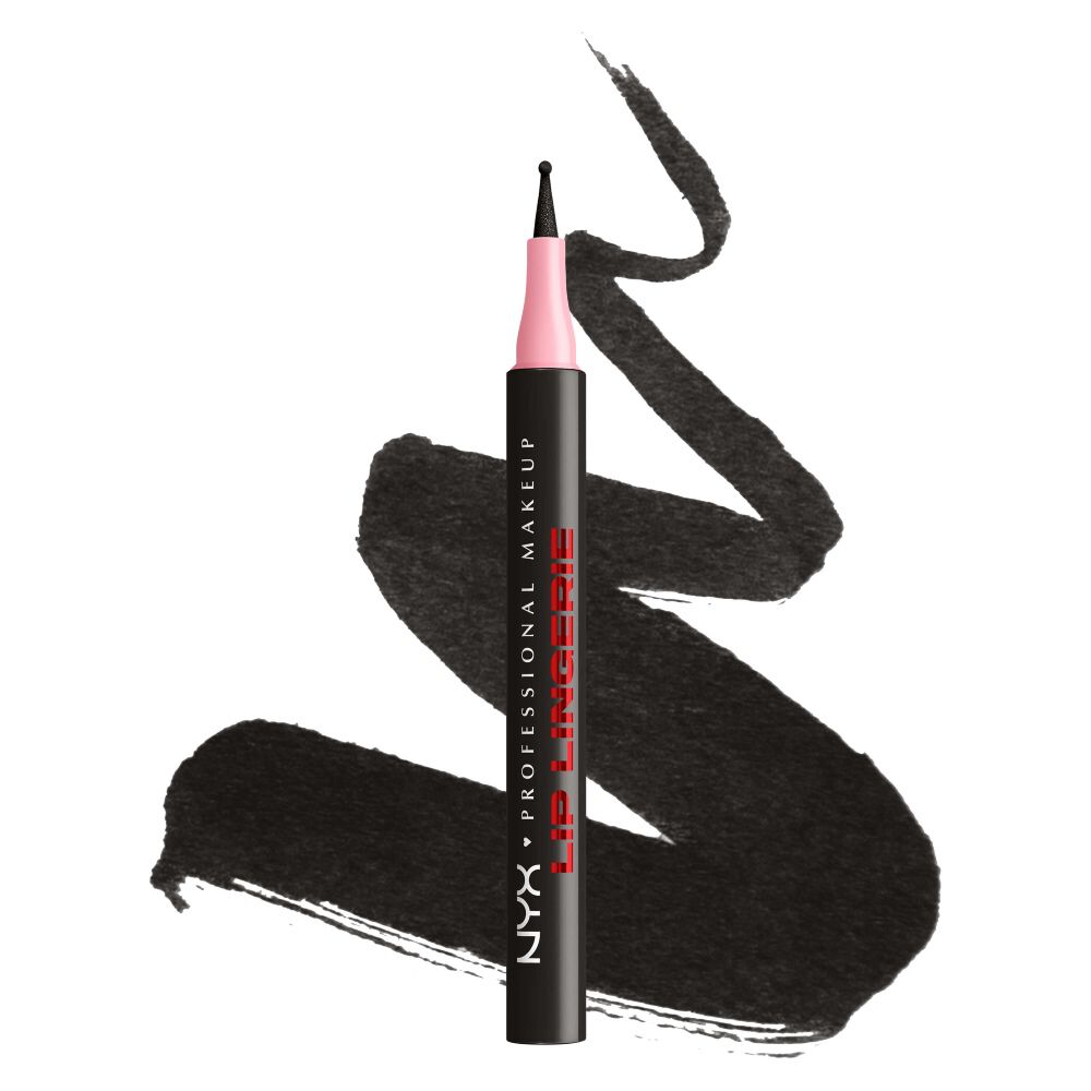 NYX Professional Makeup Lip Lingerie Lip Liner Stain in shade 13 Tied Up, upright pen with pink applicator cap over black lip liner swatches on a white background.