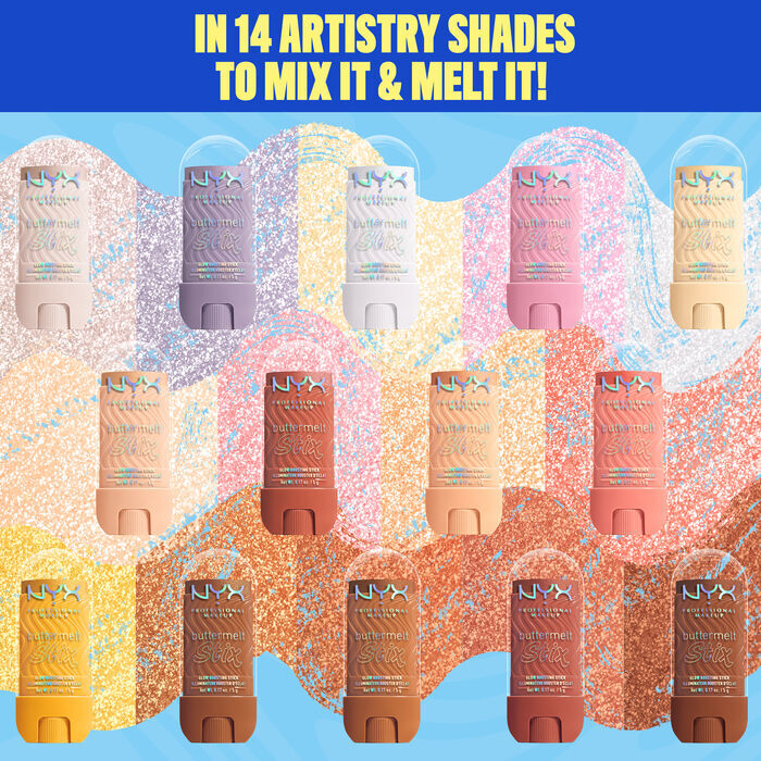 Colorful graphic showing 14 Buttermelt Stix in an array of pastel and warm shades arranged in two rows. Background features watercolor-like smudges in corresponding tones. Header reads: "In 14 artistry shades to mix it & melt it!"