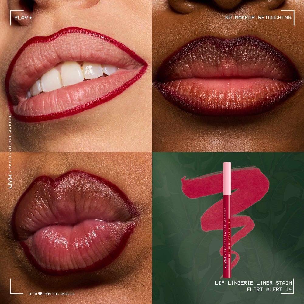 NYX Professional Makeup Lip Lingerie Lip Liner Stain in shade 14 Flirt Alert, with close-up images of lip looks and a product swatch.