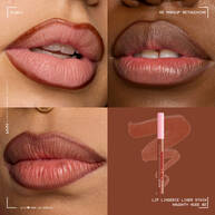 Quadrant showing Lip Lingerie Lip Liner Stain on three models of fair, deep, medium skin tones and the product solider with swatch behind the hex code color in shade 02 Naughty Nude