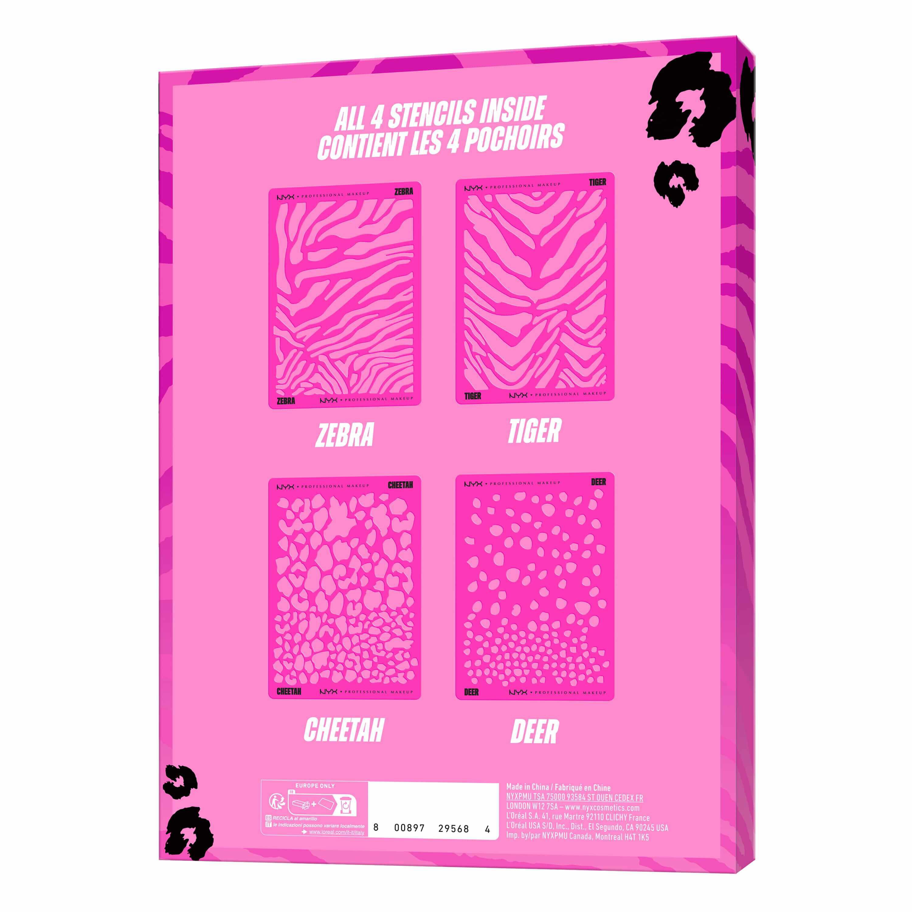 NYX Professional Makeup Party Animals Stencils Kit, back of pink package showing five animal-print stencil designs.