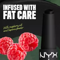 NYX Professional Makeup Party Animals Fat Matte Smooth Color Lipstick in Fatal Pout beside raspberries, representing the product’s raspberry oil ingredient.