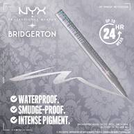 Close-up of silver NYX PMU x Bridgerton Royal Epic Ink Liner Glitz pencil on gold background. Text: "WATERPROOF, SMUDGEPROOF, FADEPROOF," "24 HR" wear with clock icon. 01 Glitzed In Silver