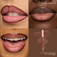 Quadrant showing Lip Lingerie Lip Liner Stain on three models of fair, deep, medium skin tones and the product solider with swatch behind the hex code color in shade 06 Up to No Good