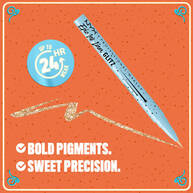 Graphic with tagline: “Bold pigments. Sweet precision.” featuring NYX Professional Makeup Holiday Candy Swirl Liner on orange background in shade 01 Spice Spice Baby