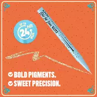 Graphic with tagline: “Bold pigments. Sweet precision.” featuring NYX Professional Makeup Holiday Candy Swirl Liner on orange background in shade 01 Spice Spice Baby