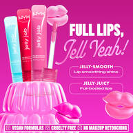 Bold pink NYX promotional image with jelly-themed graphics. Three tubes of Jelly gloss are displayed with a large pink jelly mold. Text reads: "No filler, just jelly! Jelly smooth lip smoothing shine. Jelly juicy full-bodied volume." Bottom row includes icons for vegan formulas, cruelty-free, and no makeup retouching.