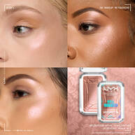 Grid of four close-ups of models wearing NYX Professional Makeup Bridgerton Royal Highlighter on cheekbones, showing glow on diverse skin tones. Includes small image of open compact in 01 Iridescent Peach