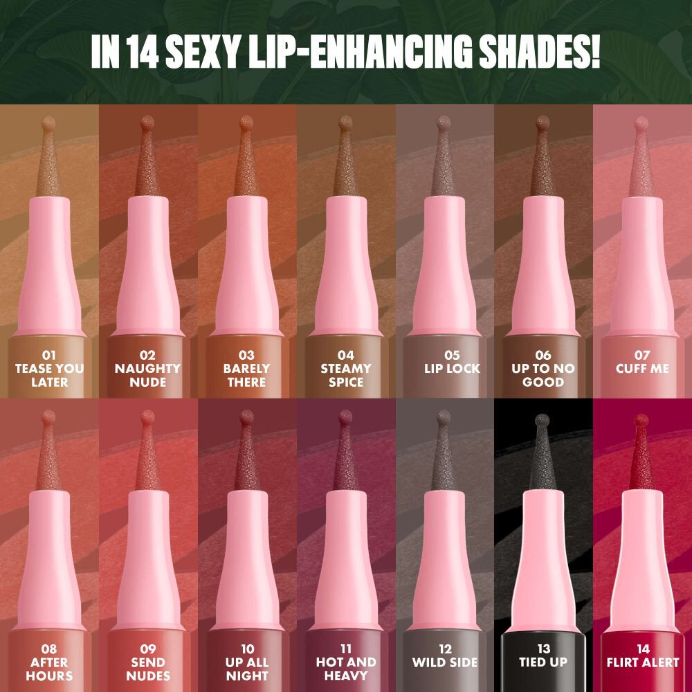 NYX Professional Makeup Lip Lingerie Lip Liner Stain shade range, showing 14 shades including 13 Tied Up.
