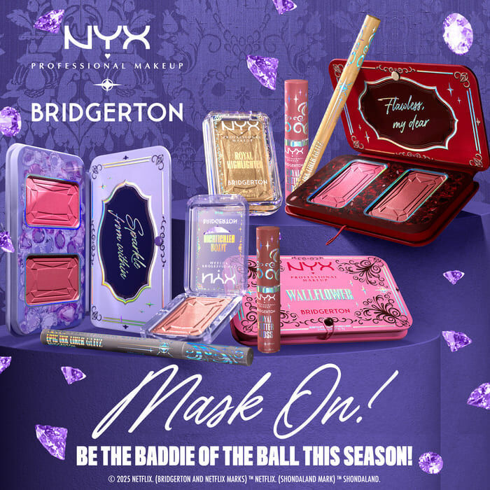 Vibrant flat lay of NYX Professional Makeup x Bridgerton collection, with cosmetic palettes, products, and purple crystals. "Mask On! Be the Baddie of the Ball This Season!" at bottom.