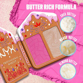 Displays an open "Buttermelt Face Palette" and highlights key ingredients like "SHEA BUTTER," "MANGO BUTTER," and "ALMOND BUTTER" under the heading "BUTTER RICH FORMULA" in Buttermelt Face Palette shade 01 Light/Medium