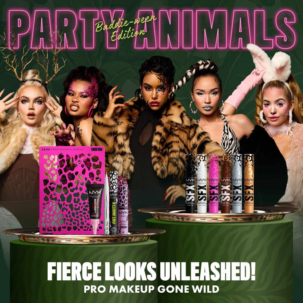 NYX Professional Makeup Party Animals collection displayed with models wearing animal-inspired makeup beside the limited-edition collection.