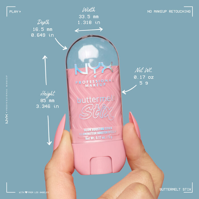 Close up of a model holding a Buttermelt Stix product and dimensions outlined 