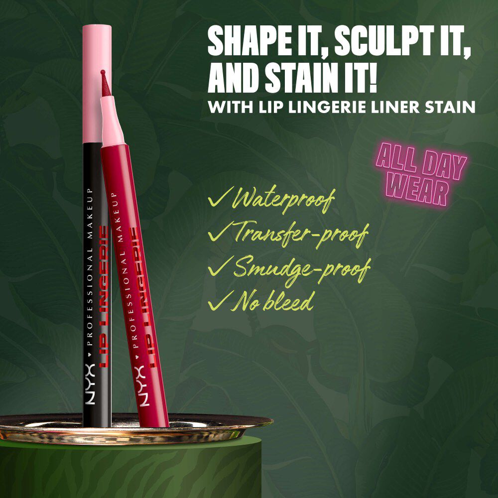 NYX Professional Makeup Lip Lingerie Lip Liner Stain in shade 13 Tied Up, shown with text describing waterproof, transfer-proof, smudge-proof, no-bleed, all-day wear benefits.