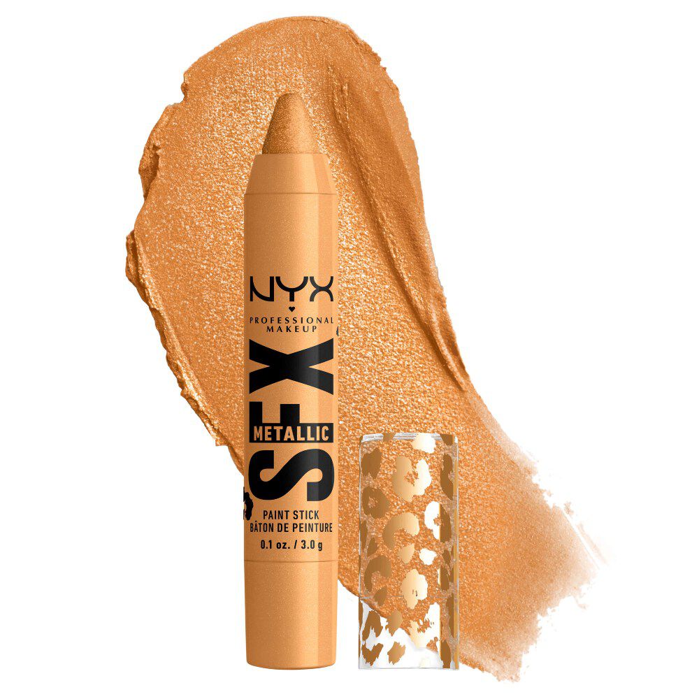 NYX Professional Makeup Party Animals SFX Face & Body Paint Stick in Gilded Grave, a metallic gold paint stick shown with a gold paint swatch.